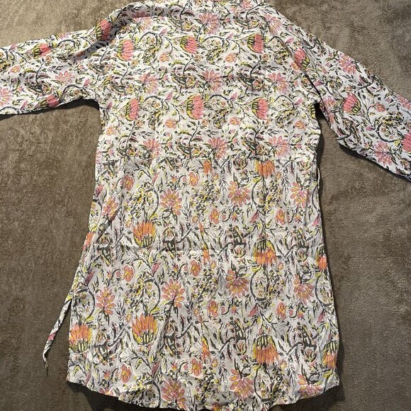 ZARA Tunic Dress Womens Medium Pink Floral Paisley V Neck Tie Waist Cottagecore - Picture 2 of 6